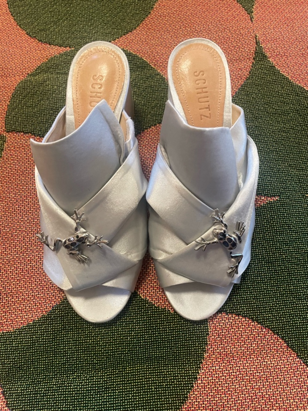 Schutz Women's Silver Satin Slide Mules with Frog Accent